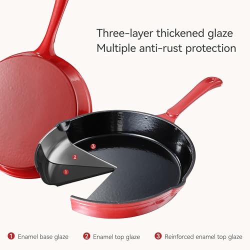 Image of CAROTE Enamel Cast Iron Skillet Frying Pan 10 Inch, 26cm -Red, Even Heat Distribution, Gas & Induction Compatible, Oven & Grill Safe, Non-Toxic & Durable Cookware, Ideal for Omelette, Shalow Frying