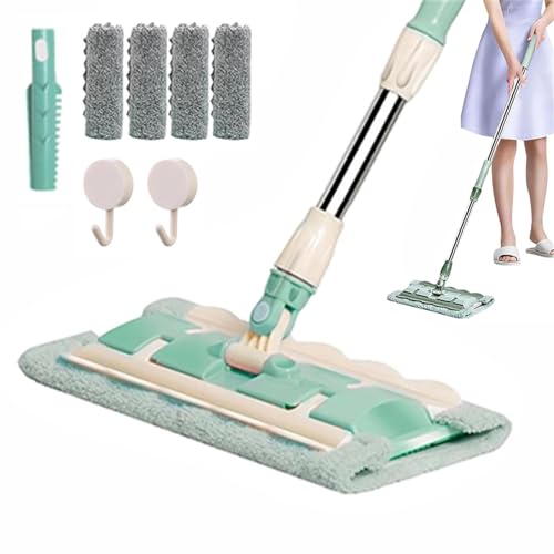 Yalooy Mopa Desechable para Polvo, Disposable Dust Mop, Fregona Antipolvo Desechable con 4 Paños Reutilizables, Flat with Disposable Pads, Dust with Handle, Multi Surface Floor Mopping (Green)