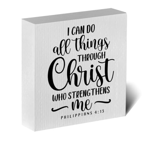 I Can Do All Things Through Bible Verse Artwork Wood Box Sign Rustic Farmhouse Style Philippians 4 : 13 Christian Wood Block Plaque 5 X 5 Inches Home Office Desk Sign Decor for Presents