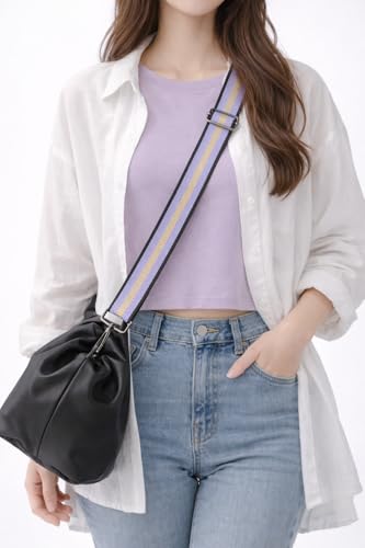 Image of Purple and Gold Thread Stripe Webbing Purse Strap with Gunmetal Black Hardware 1-1 /2 Inch Wide Replacement Crossbody Guitar Style Adjustable Shoulder Strap for Handbags Totes