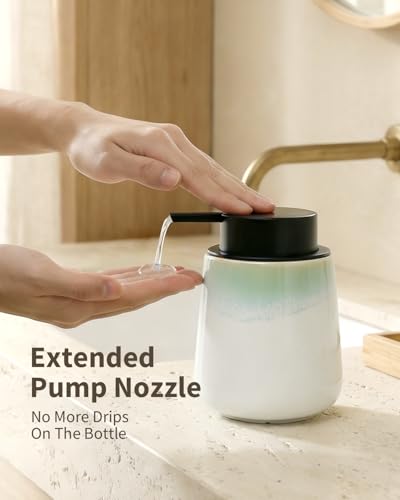 Image of BosilunLife Hand Soap Dispenser - Ceramic Dish Soap Dispenser for Bathroom 12ounce Refillable Liquid Hand Wash Dispenser for Essential Oil, Lotion Soap, White with Blue-Green Rim