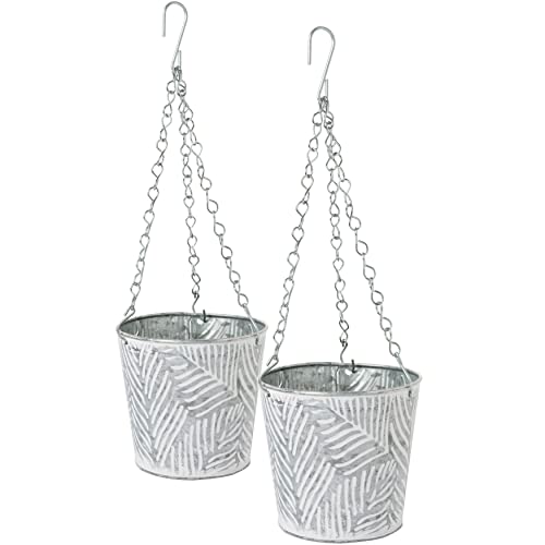 Hängeampel aus verzinktem Stahl 2er Set, langlebige Blumenampel für Innen und Aussen Hängepflanze, Hängetopf für Pflanzen 3D -Obenflächenstruktur im Palmwedel, Ohne Löcher, Witterungsbeständig