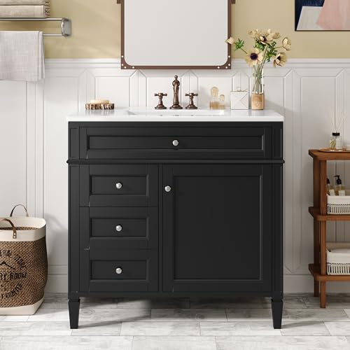 Virubi 36\" Bathroom Vanity with Single Sink Combo, Modern Undermount Bathroom Sink Cabinet with 2 Drawers and a Tip-Out Drawer, Freestanding Bathroom Vanities, Soft Closing, Solid Wood Frame
