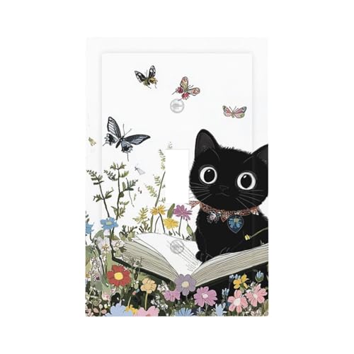 Donecmminery Decorative Light Switch Cover Cute Cat Wildflowers Boho Flowers Floral 1 Gang Single Toggle Device Electrical Faceplate Switchplates Decorator Outlet Wall Plate For Nursery Kids Room