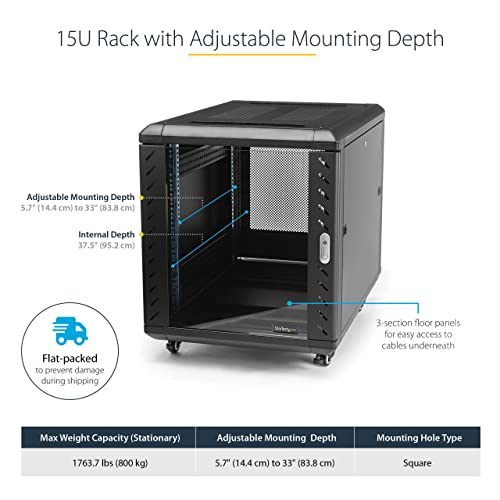 Image of StarTech 15U Enterprise-Grade Server Rack Cabinet, 19in Enclosed 4-Post Rack with 33in (83cm) Mounting Depth and 1764lb (800kg) Weight Capacity | 19in enclosed enterprise steel rack, Adjustable depth 5.7in-33in, Lockable vented doors, Casters & feet
