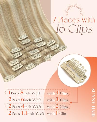 Image of Sunny Hair Clip in Hair Extensions Real Human Hair Blonde Highlights 135g | Honey Blonde Double Weft Remy Hair Extensions Clip Ins Add Amplified Fullness and Firm Structure for Concert Hair 20 Inch