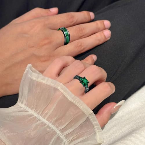 Custom Engraved Couple Rings Promise Rings for Him and Her Set Matching Wedding Rings for Couples Wedding Band Black and Blue CZ Square Engagement Ring for Women,Size 5-133