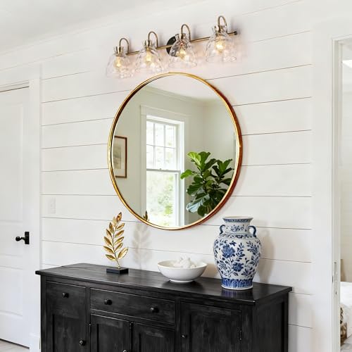 Image of KSANA Bathroom Vanity Lights, Mid-Century Modern 4 Light Bathroom Light Fixtures Black and Electroplated Copper Vanity Lights with Water Ripple Glass