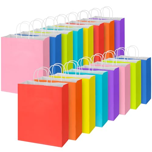 16 Pcs Large Paper Party Bags 8 Colors Gift Bags Kraft Bag with Handles Party Present Paper Bag Thick for Kids Candy Cookie Celebrations Baby Shower Birthday (33 x 26 x 13 cm)