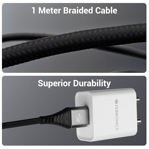 Image of ZEBRONICS TU800P USB - Type C Braided Cable, 80 Watts, Rapid Charging Cable, Charge & Sync, 1M, Compatible with iPhone 15 | Samsung | OnePlus | Xiaomi | Realme | Oppo, Black