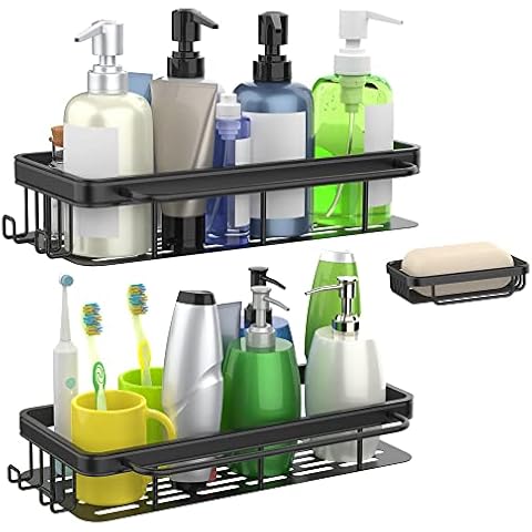 Shower Caddy black, Rustproof Shower Shelf No Drilling Bathroom Shelves with Soap Dish and 4 Hook,Adhesive Wall Mounted Shower Storage, Space Aluminum Bathroom Caddy 3 Pack Cover