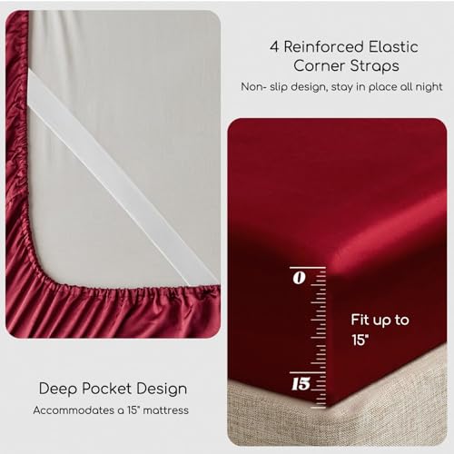 Image of MR&HM Satin Bed Sheets, Twin Size Sheets Set, 3 Pcs Silky Bedding Set with 15 Inches Deep Pocket for Mattress (Twin, Burgundy)