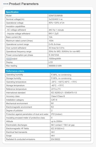 SDM72DR, MID,3 Phase 4 Wire Energy Meter, Reset Function; Total Energy Partial Energy Total Power, Output 10(100) A, 220/230V