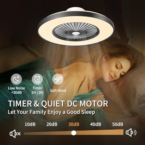 24" Low Profile Ceiling Fan with Light, Bladeless Ceiling Fan with with Alexa, Remote/APP/Voice Control, Modern Flush Mount Ceiling Fans Dimmable Color Chaning LED-RGB Ambient Light Black