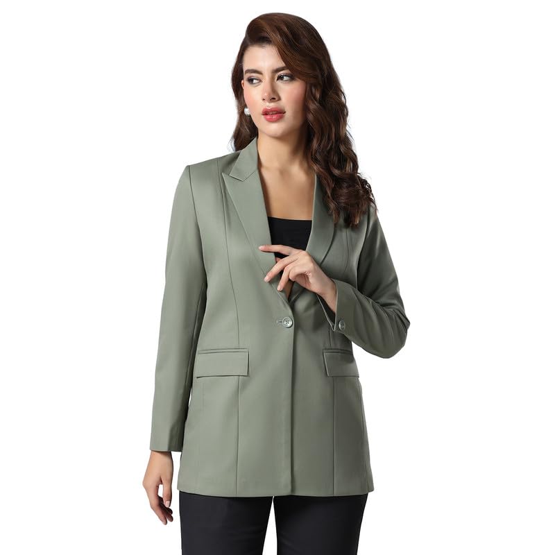 tahvo Green Long Notched Lapel Blazers for Women - Stylish Casual Formal Blazer - Regular Fit Polyviscose - 2 Pockets Single Breasted Full Sleeve - Perfect for Business Meetings-picture-10