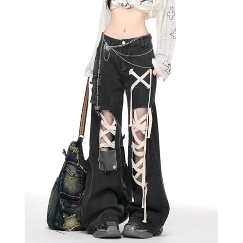 Y2K Gothic High Waisted Straight Leg Baggy Denim Pants Fashion Vintage Drawstring Ripped Jeans for Women4