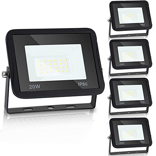Yakimz Lot de 5 Spots LED Extérieurs 20W, Projecteur 1700 lm Super Lumineux, 3000K Blanc Chaud, IP66, Éclairage de Sécurité pour Cour, Garage, Jardin