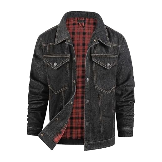 EUSMTD Jaqueta jeans masculina forrada de flanela xadrez vintage corte caubói clássico estilo caminhoneiro estilo caminhoneiro manga comprida, Preto, G
