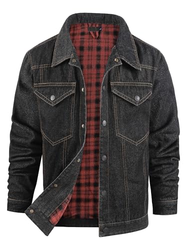 Image of Men's Denim Jacket Lined Flannel Plaid Vintage Cowboy Cut Western Classic Trucker Motorcycle Snap Fall Long Sleeves