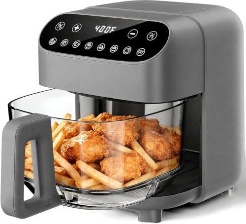 Image of Kismile Glass Air Fryer 5QT - BPA-Free & Non Toxic Airfryer with Stainless Steel Rack, Digital Touch Screen, 8 Preset Functions, 400℉ Max Temp, Portable Air Fryer with Dishwasher Safe Basket