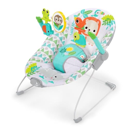 Image of Bright Starts Spinnin' Safari Vibrating Baby Bouncer Seat with 3-Point Harness and -Toy Bar, Age 0-6 Months