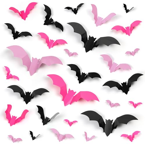 72 Pcs Bats Pink Halloween Decoration, 3D Bat Wall Decor Stickers 4...