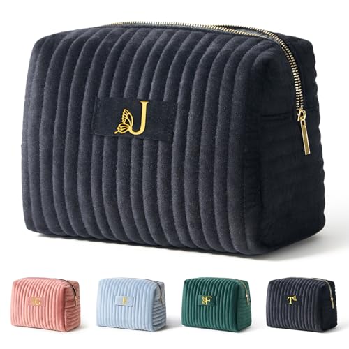 Image of COSHAYSOO Travel Makeup Bag Quilted Make Up Pouch Initial Cosmetic Case with Butterfly Decorations for Women Compact Mirror Traveling Size Beauty Tools Accessories Organizer Black Velvet Letter J