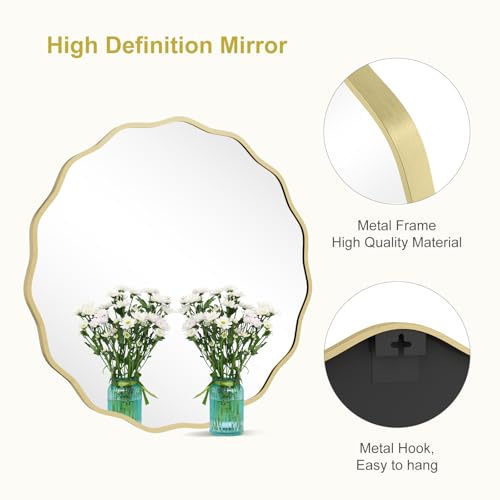 Image of WallBeyond Round Wavy Mirror for Wall Decorative 32 inch, Modern Round Mirror Aluminum Frame for Bathroom Bedroom Living Room Home House Office Entryway, Gold