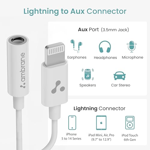 Image of Ambrane Lightning to 3.5mm Audio Earphones Jack Adapter | AUX Cable, Port Converter for iPhone 14, 13, 12, 11, X, XS, 8, 7, 6S, SE, iPod, iPad | Headphone & Car Stereo Connector | White (AOTG-LX1)