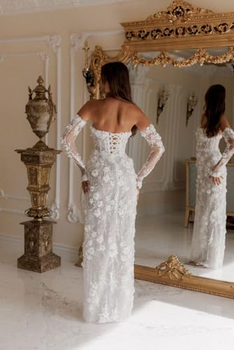 Strapless Wedding Dress for Bride 3D Flower Lace Bridal Gown Detachable Sleeves Prom Dress with Slit3