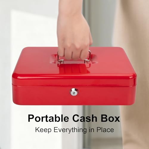 Jssmst Cash Box with Money Tray and Lock -Red Cash Box with Key Lock Safe Money Box Large, Locking Cash Register Drawer Box for Money, 11.8\'\' x 9.5\'\' x 3.5\'\', SM-CB005RED - Thumbnail 6