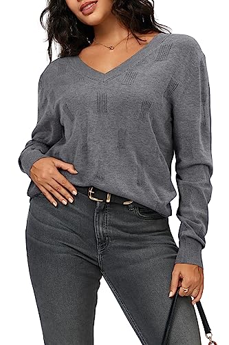 Arach&Cloz Women's Spring Fall Tops Fashion 2023 V Neck Long Sleeve Pullover Jumper Knitted Casual Sweater (Grey, Medium)