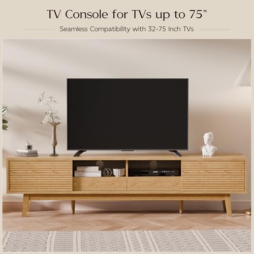 TOLEAD 70\" TV Console, Mid Century Modern Media Console for 55/65/75 Inch TV, Low Profile TV Stand with Fluted Sliding Doors, Boho Light Wood Credenza for Living Room, Oak - Thumbnail 3