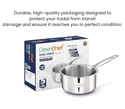 Image of Greenchef SS Tri ply Steel Crest - Sauce pan 14cm, Stainless Steel Exterior Surface, Ergonomic Handles, Induction Compatible, Scratch Resistant, 5Year Warranty