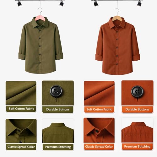 Image of YYQ Pack of 2 Boys Solid Cotton Blend Shirts - Full Sleeve Casual, Soft & Comfortable Spread Collar Shirts for Boys