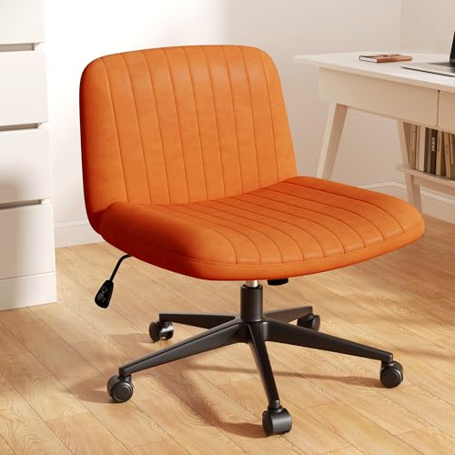 Image of Criss Cross Chair with Wheels, Cross Legged Office Chair, Armless Office Chairs Adjustable Height Swivel Tilting Vanity Chairs for Home Bedroom (PU Leather, Orange)