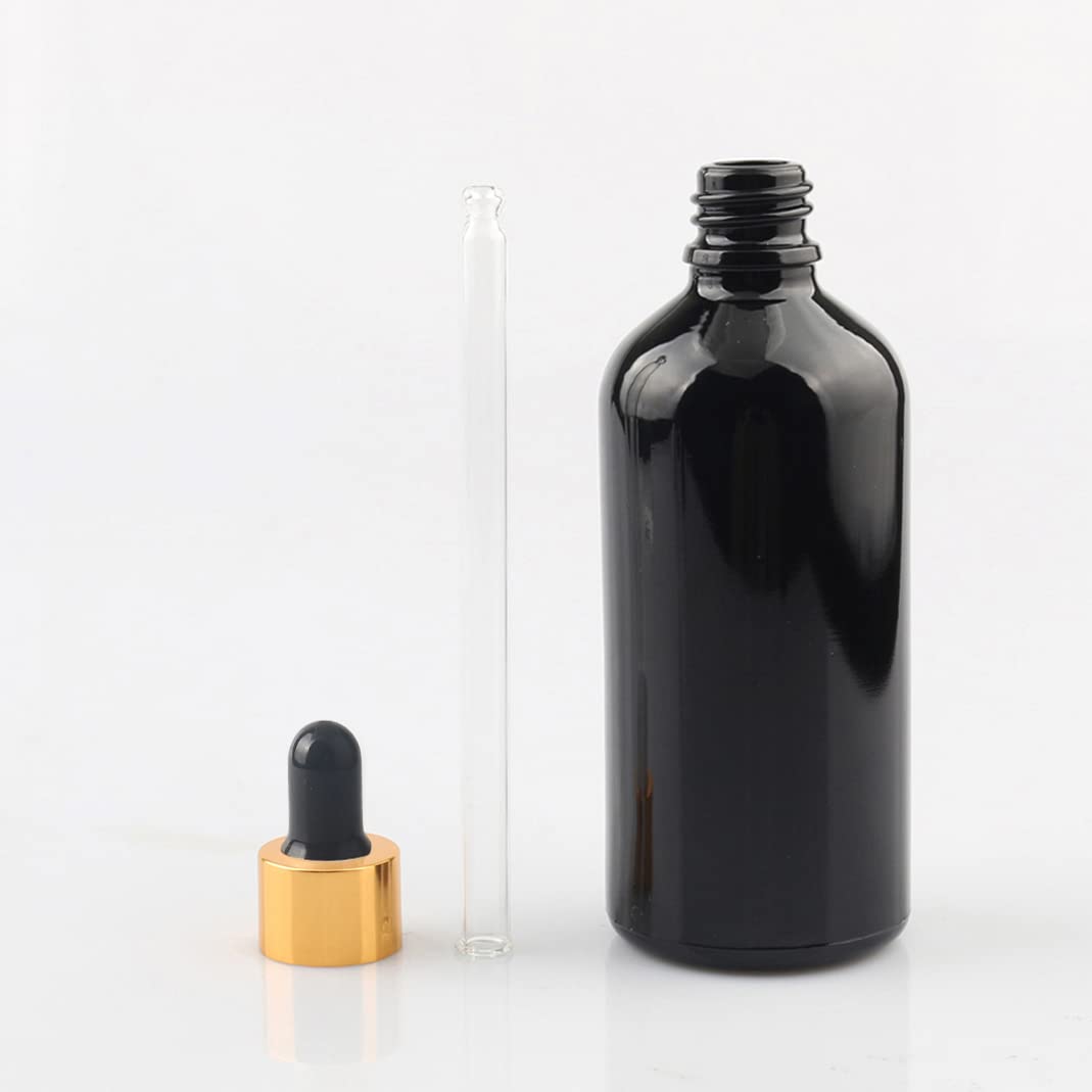 12 Pieza, 100ml Negro Frasco Cuentagotas Cristal con Tapón de Rosca Oro, Botellas de Cristal con Pipeta, para Cosmético Aromaterapia Aceites Esenciales