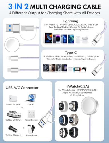 Image of 2Pack Travel Essentials for Apple Watch Charger,3-in-2 Multi Charging Cable | Cruise Vacation Camping Essentials for iPhone Charger,Type C /Lightning for iWatch,iPhone 17-12,Xbox Series X&S-5FT Purple