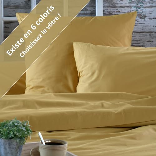 Drap plat 240x300 cm en percale de coton moutarde Elysée par STOF