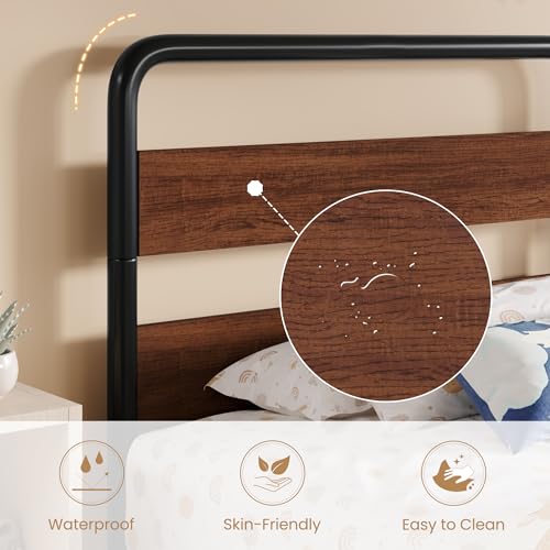 Image of SHA CERLIN Twin Size Metal Bed Frame with Wooden Headboard, Walnut