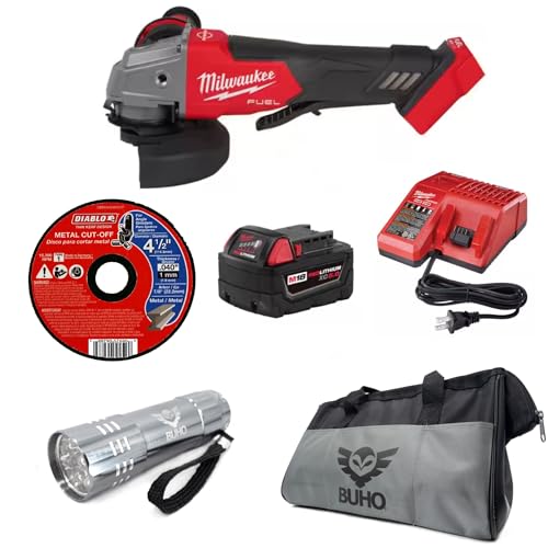 Buho M18 Fuel 18V Brushless Cordless 4-1/2 in./5 in. Grinder and Starter Kit Bundle with 5.0 Ah Battery, Charger, Thin Metal Cut-Off Disc, Tool Bag and Flashlight
