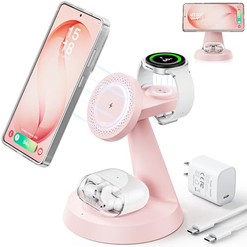 Image of Meifigno Magnetic Wireless Charger for Samsung, 3 in 1 Charging Station Compatible with MagSafe Samsung Charger for Galaxy S26 Ultra S25 Z Fold7 /Flip7, Charger Stand for Galaxy Watch Ultra 8 7, Pink