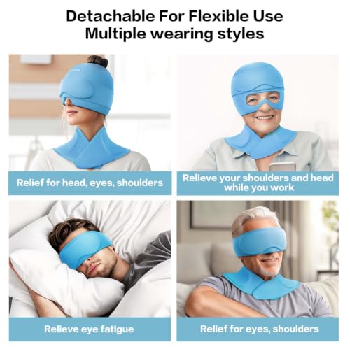 Image of 3 in 1 Migraine Relief Cap Neck Ice Pack Wrap Gel and Ice Eye Masks, Detachable Ice Caps with Eyes Masks, Hot and Cold Therapy for Relief of Headaches, Stiff Neck and Eye Fatigue (Sky Blue)