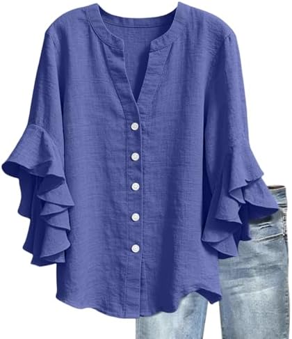 3/4 Ruffle Sleeve Cotton Linen Shirts for Women Dressy V Neck Beach Tunic Tops Elegant Summer Casual Work Blouses Sky Blue