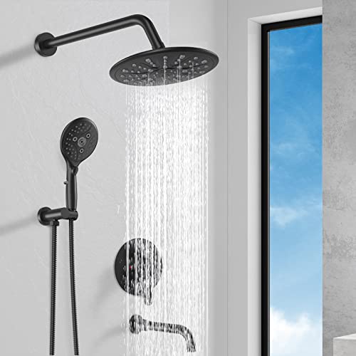 Suncleanse Tubs Shower Faucet Sets: Wall Mounted 8.5" Rainfall Head System - 7-Spray High Pressure Handheld Complete Combo - Valve With Trim Kit - Matte Black Bathtub Spout For Rain Luxury Bathroom #TOP6