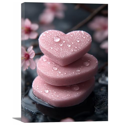 Tableau de décoration sur toile pierres en forme de cœur rose pour salon en 30x45cm encadré