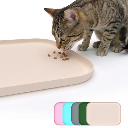 BLESWIN Tappetino antiscivolo in silicone per alimenti per animali domestici/tappetino per alimentazione animali domestici – Tappetino per ciotola gatto con bordi rialzati (Beige, 45×30 cm)