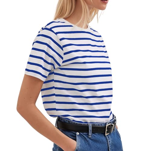 Ajuste Flojo De Las Mujeres Clásico De Manga Corta De Algodón A Rayas Camiseta con Escote Redondo Cómodo, Casual Tops para Damas