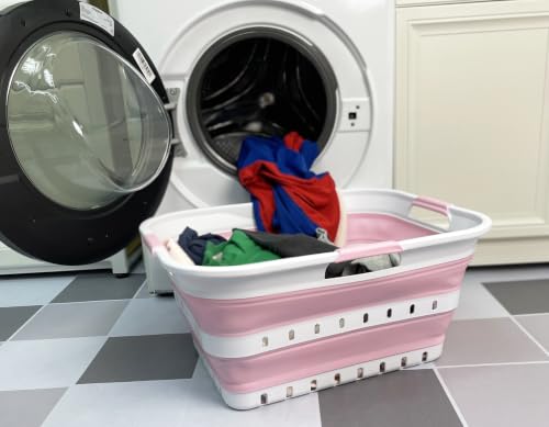 Image of SAMMART 42 (11 Gallons) Collapsible Plastic Laundry Basket, Foldable Pop Up Storage Container /Organizer, Space Saving Hamper, Portable Bin for Dorm Room Bathroom (1, White /Cherry Pink)