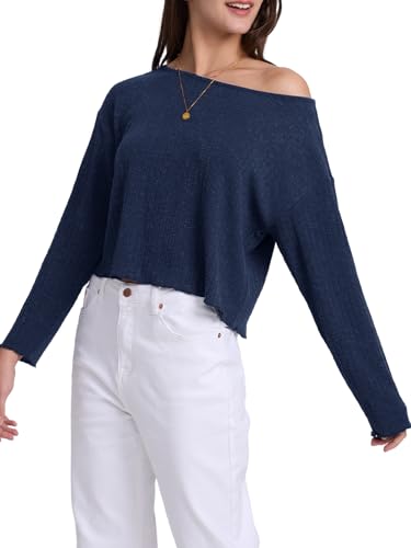 Image of Womens Long Sleeve Crop Tops Off Shoulder Cropped Shirts Loose Casual Y2k Tops Basic Tees Fall Sweaters for Women